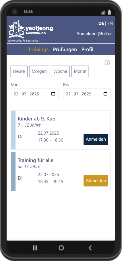 Sportanize Screenshot: Trainingsübersicht mit Anmeldung für Schüler zum Taekwondo-Training in Kampfsportschule